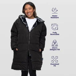 Black/Charcoal Swirl Print Long Puffer Jacket