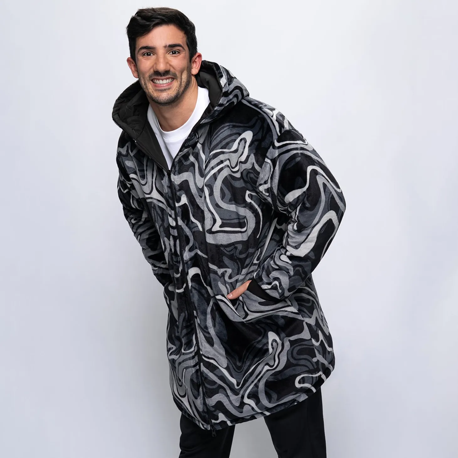 Black/Charcoal Swirl Print Long Puffer Jacket