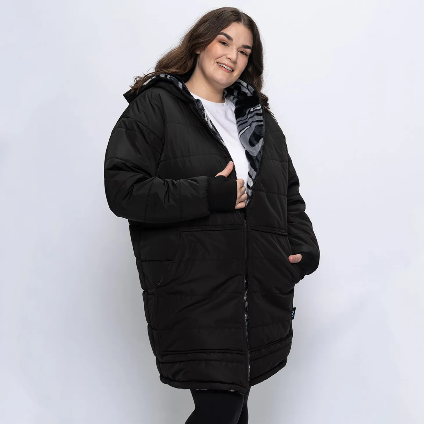 Black/Charcoal Swirl Print Long Puffer Jacket