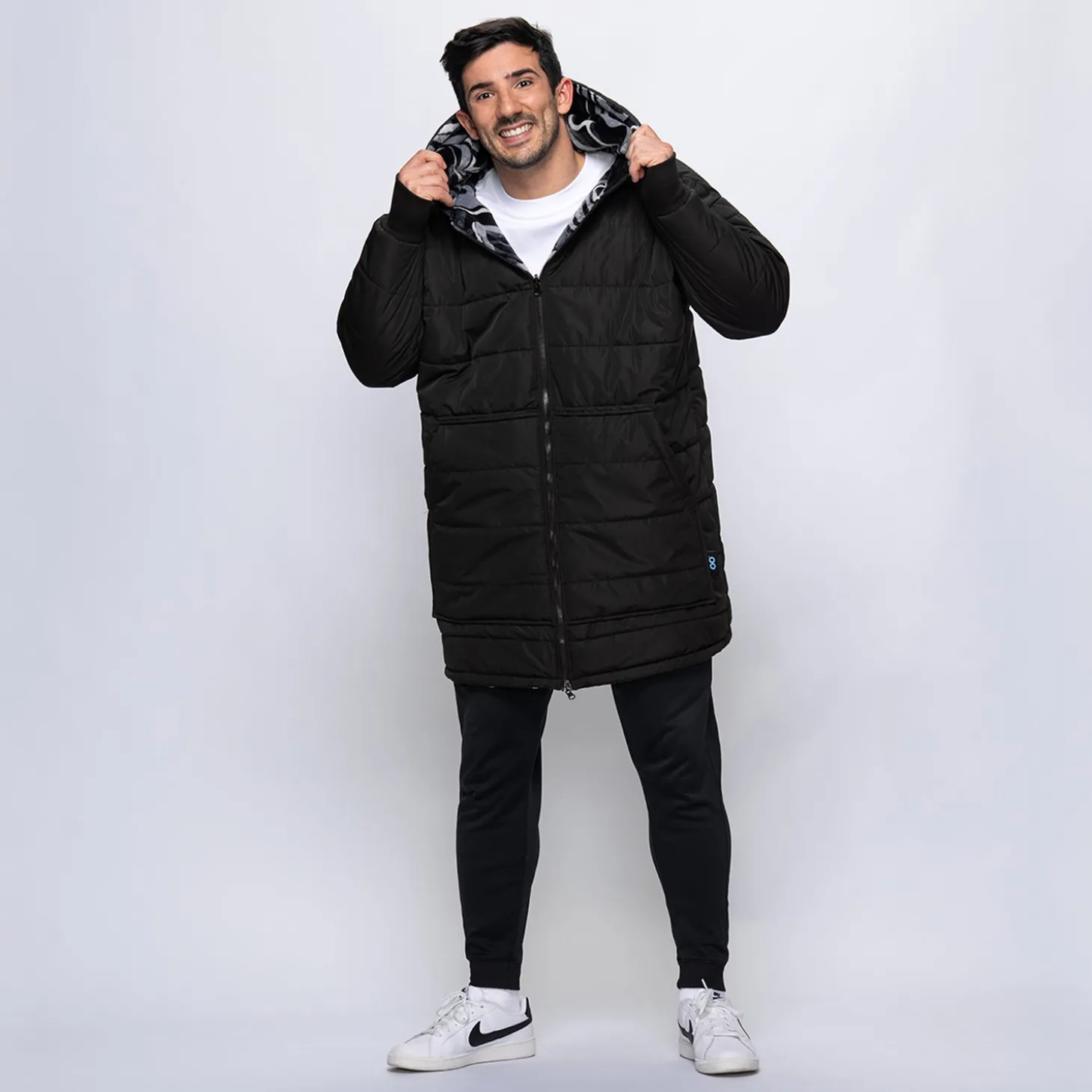 Black/Charcoal Swirl Print Long Puffer Jacket