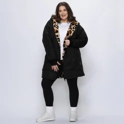 Black/Leopard Long Puffer Jacket
