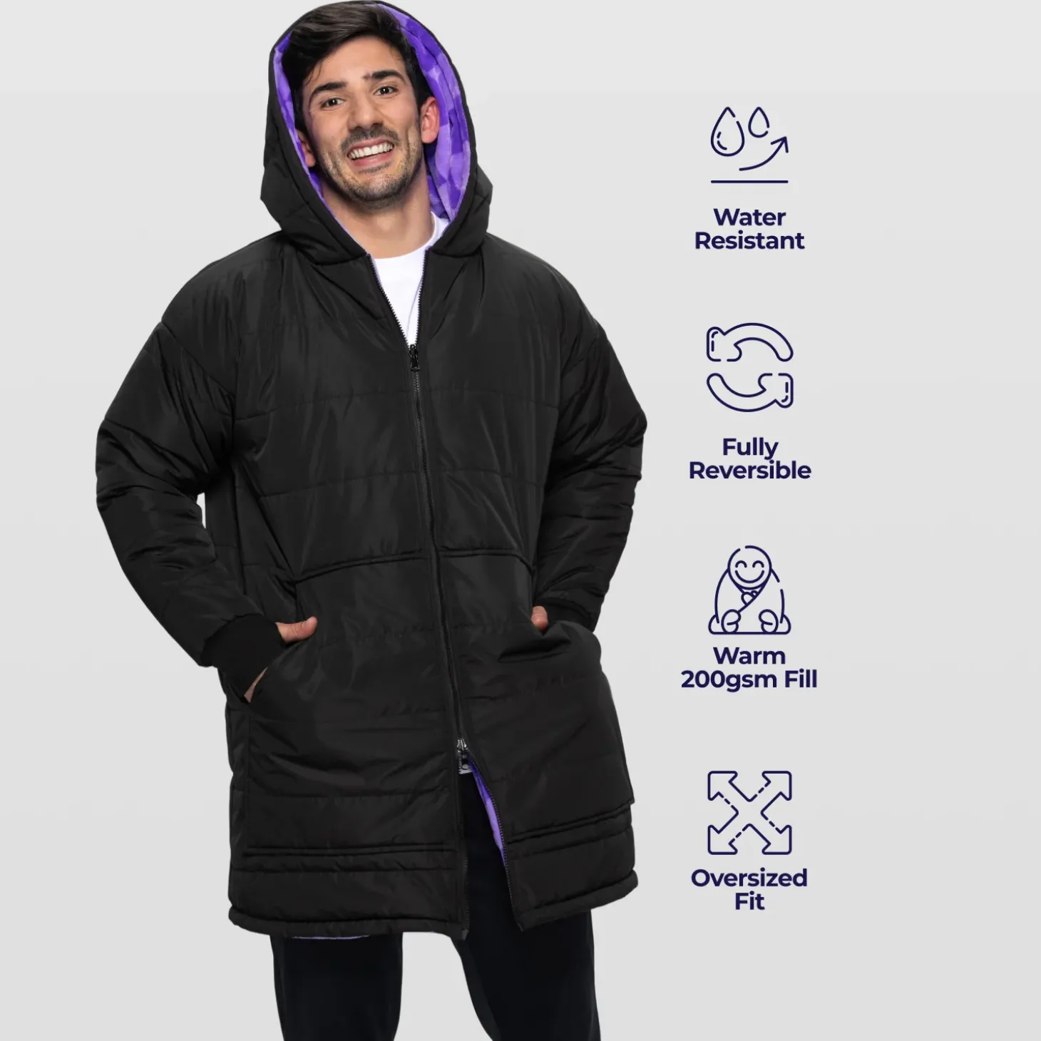 Black/Lilac Checker Print Long Puffer Jacket