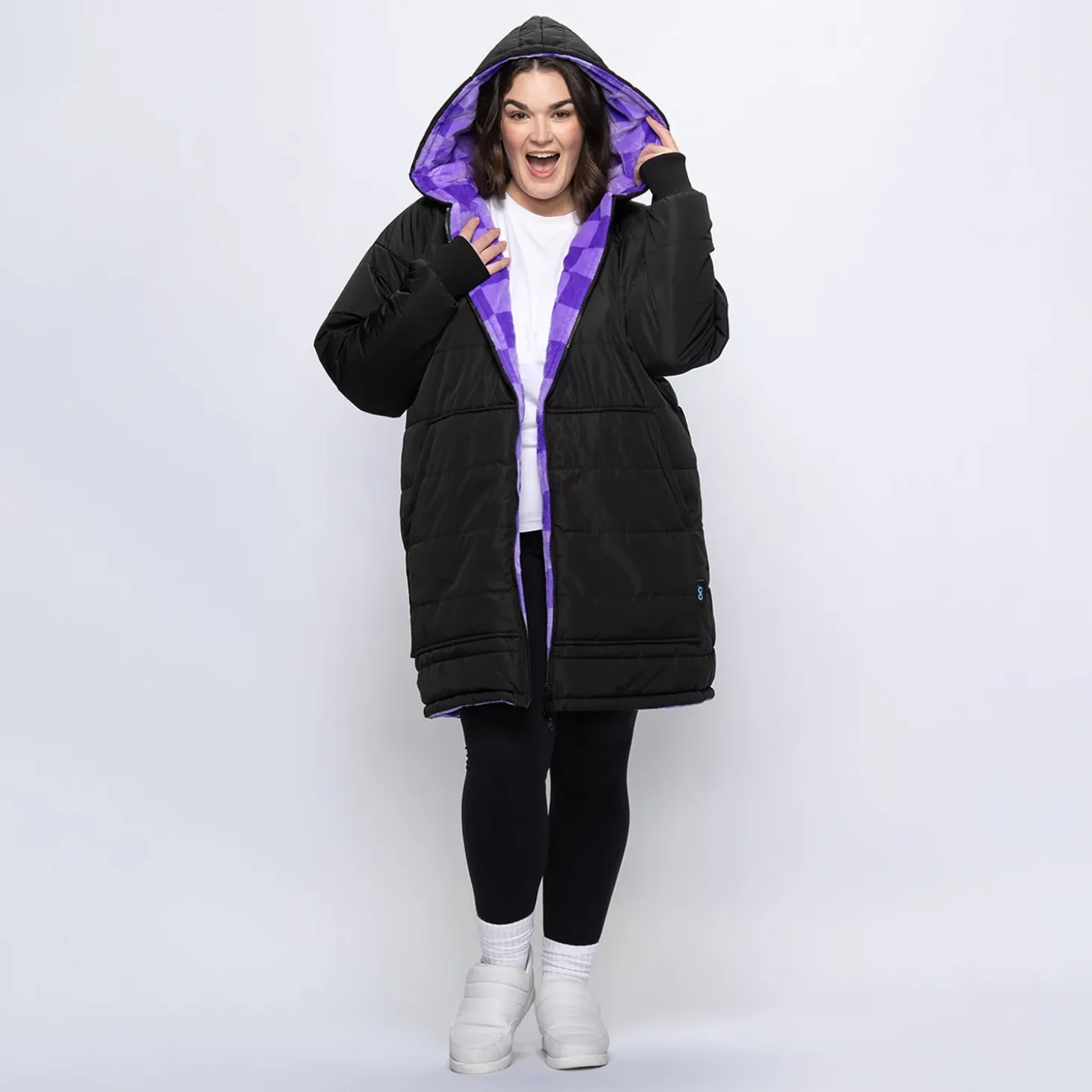 Black/Lilac Checker Print Long Puffer Jacket