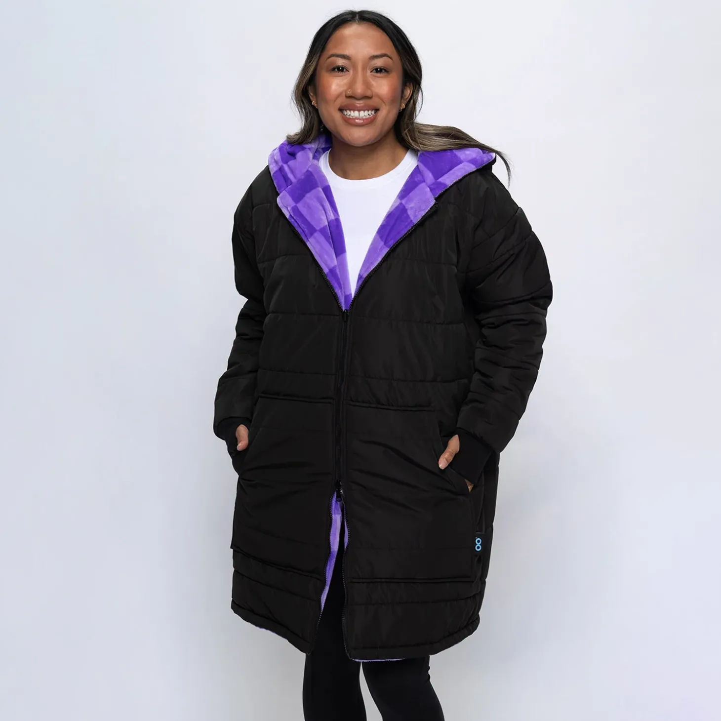Black/Lilac Checker Print Long Puffer Jacket