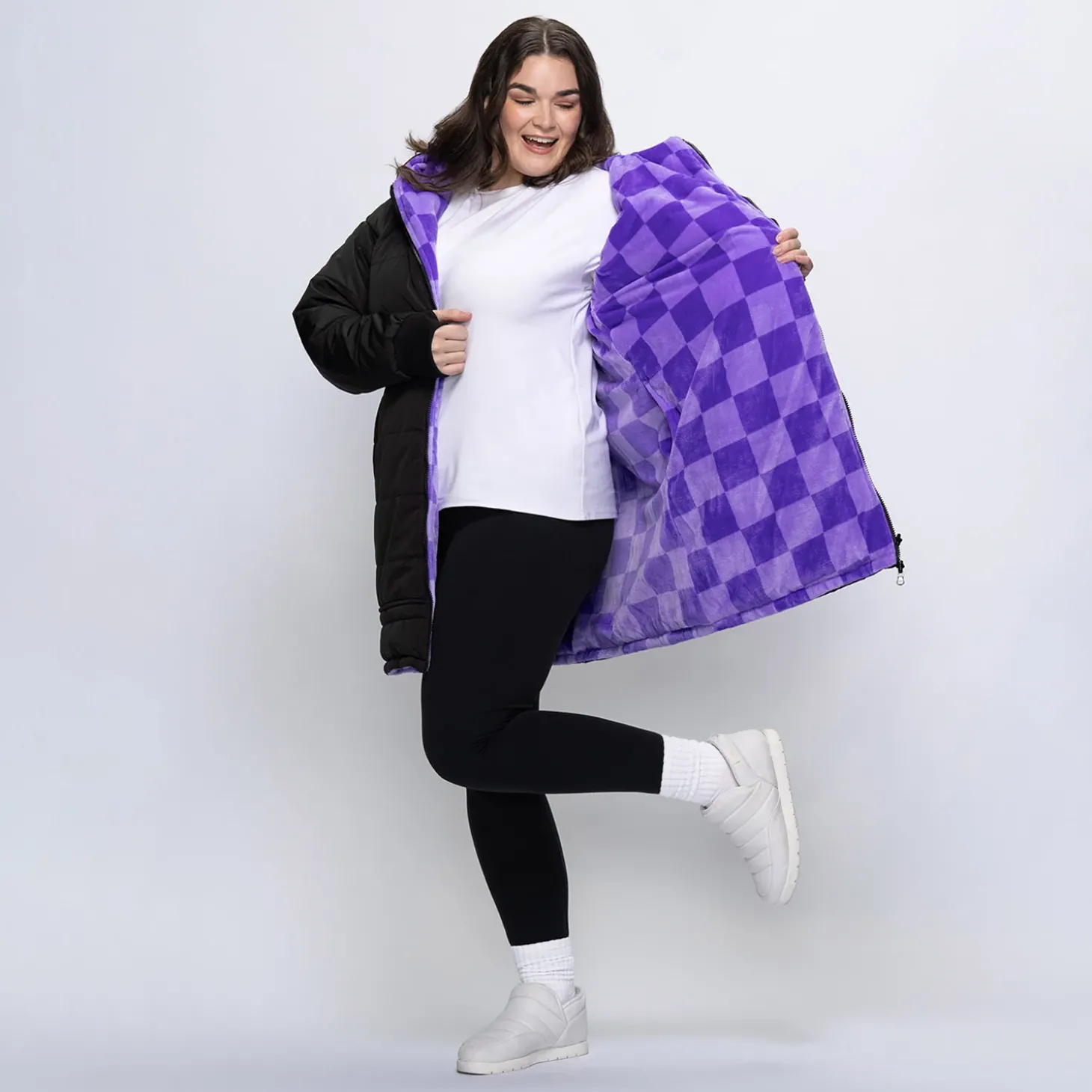Black/Lilac Checker Print Long Puffer Jacket