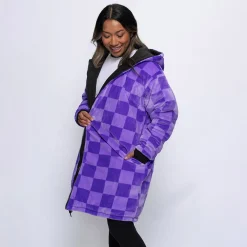 Black/Lilac Checker Print Long Puffer Jacket
