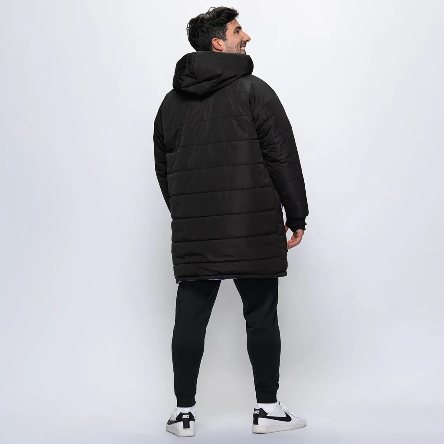 Black/Lilac Checker Print Long Puffer Jacket