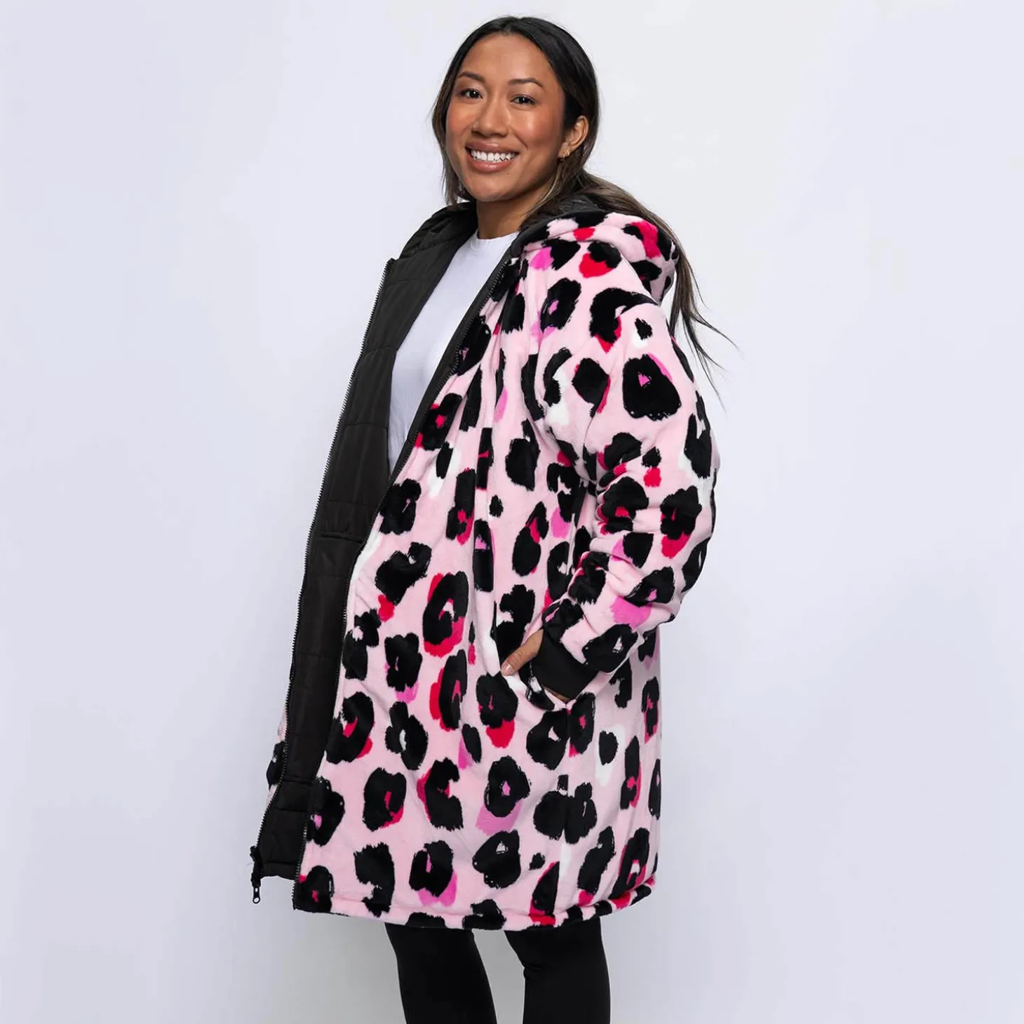 Black/Pink Leopard Print Long Puffer Jacket