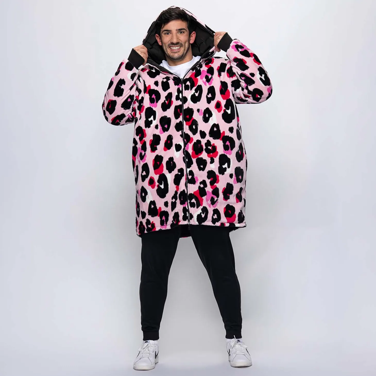 Black/Pink Leopard Print Long Puffer Jacket