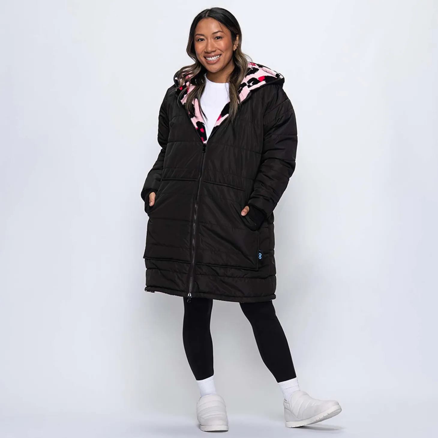 Black/Pink Leopard Print Long Puffer Jacket
