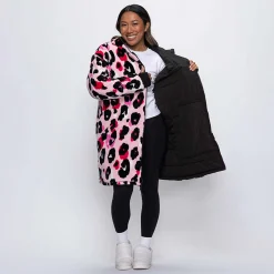 Black/Pink Leopard Print Long Puffer Jacket