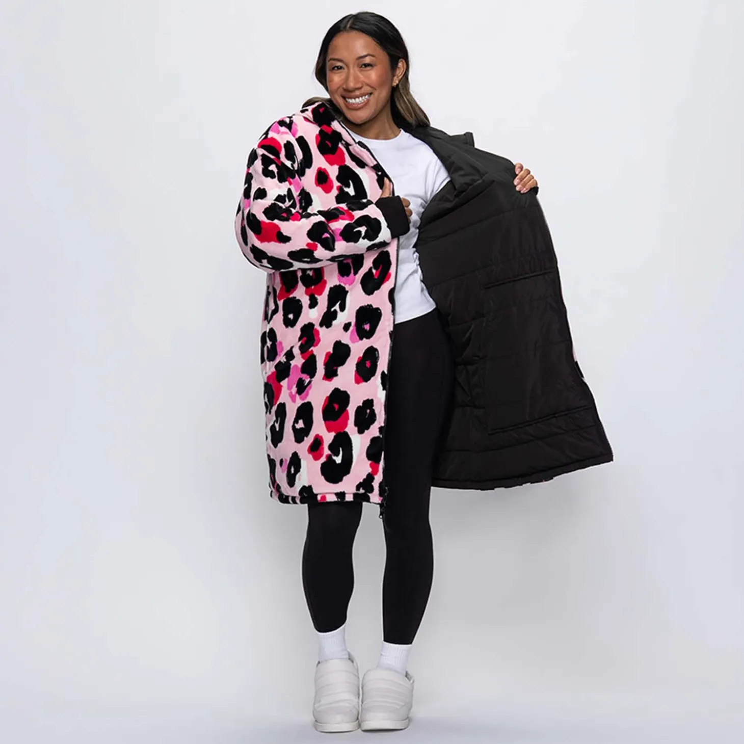 Black/Pink Leopard Print Long Puffer Jacket