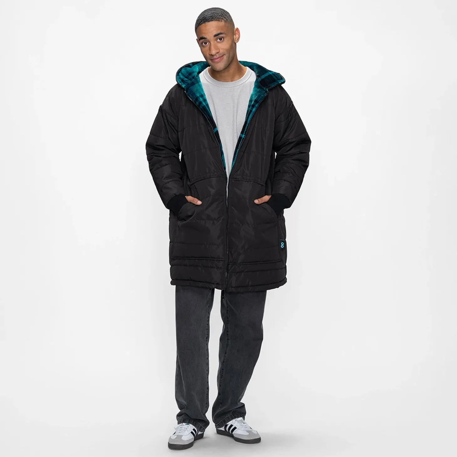 Black/Plaid Long Puffer Jacket