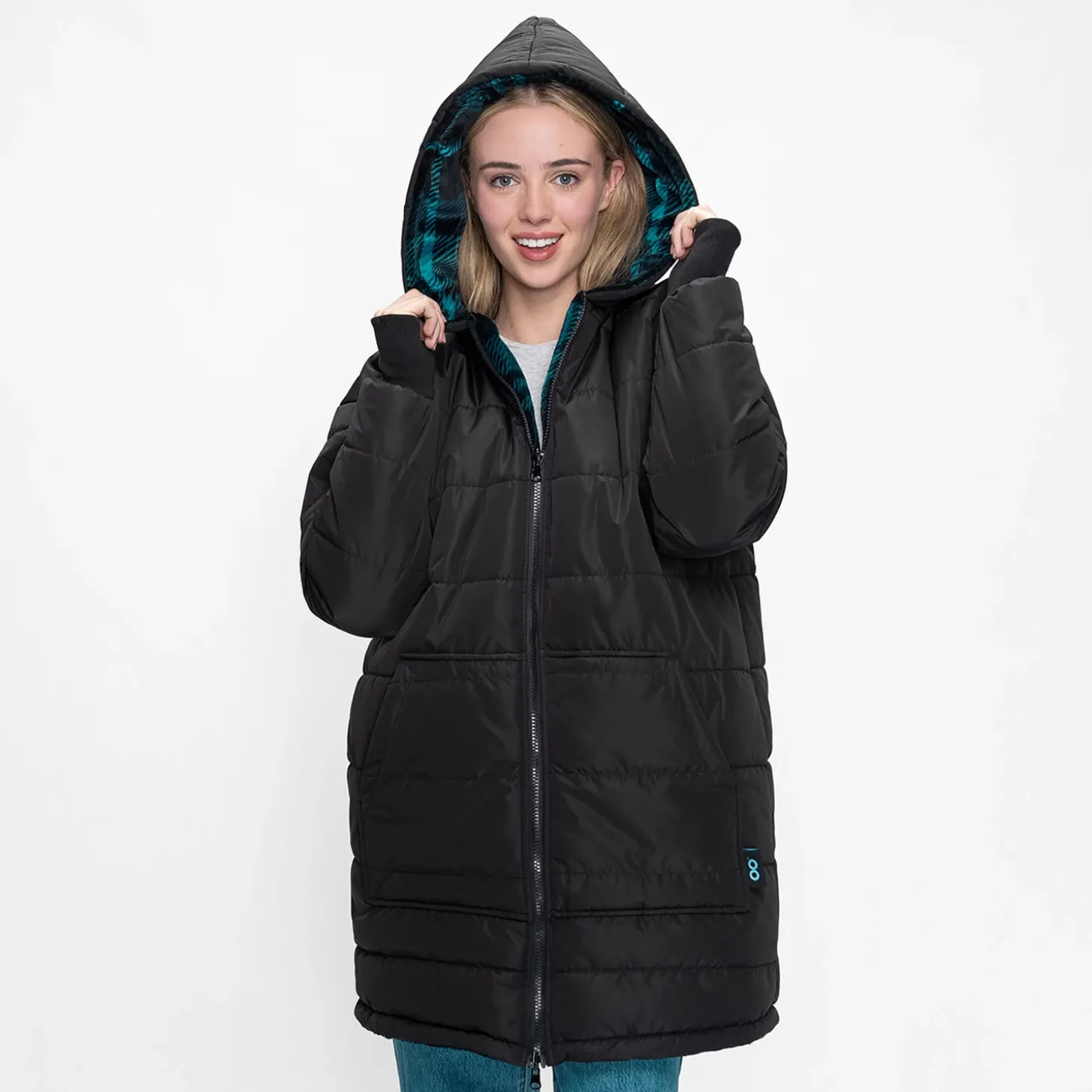Black/Plaid Long Puffer Jacket
