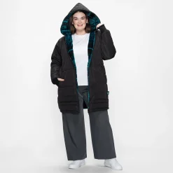 Black/Plaid Long Puffer Jacket