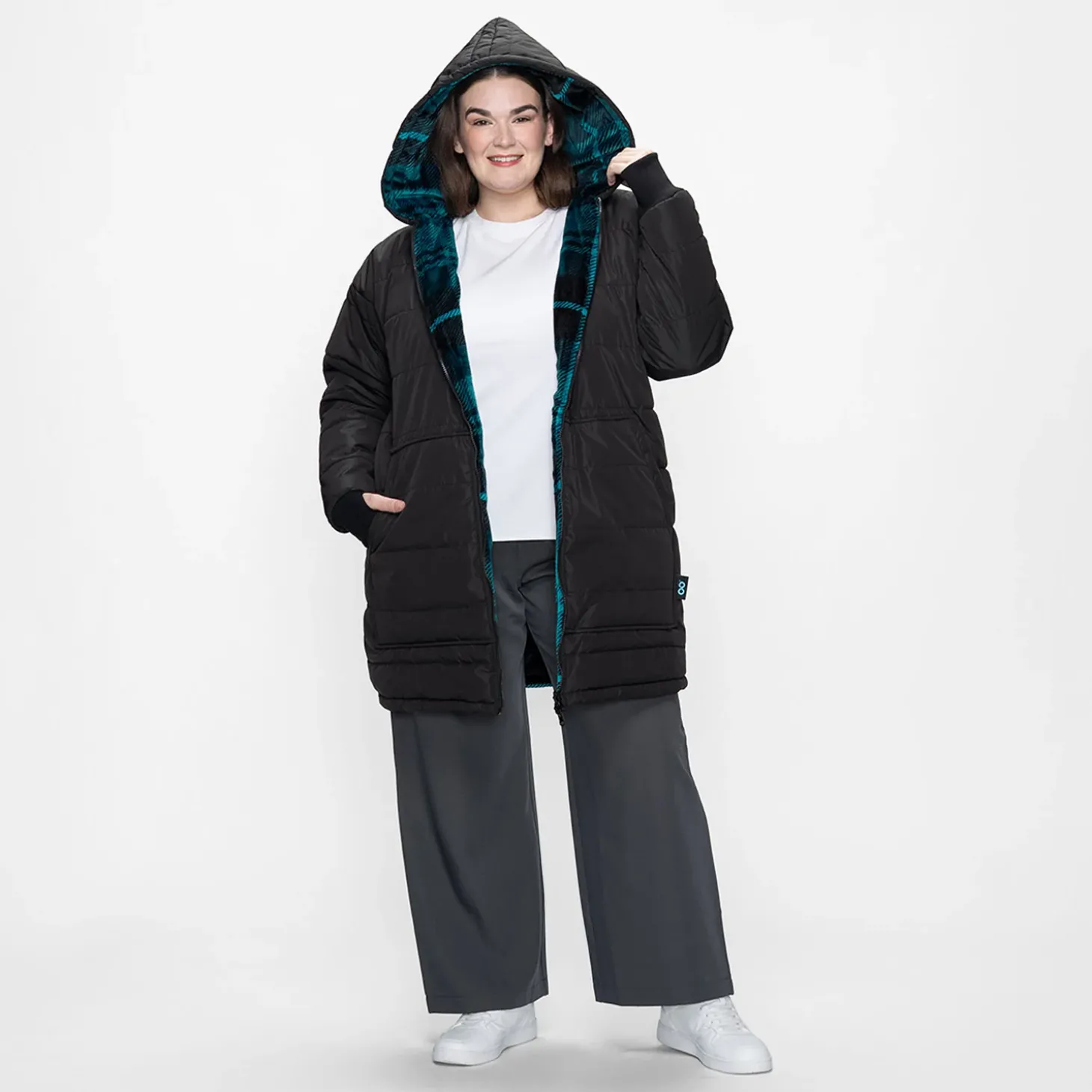 Black/Plaid Long Puffer Jacket