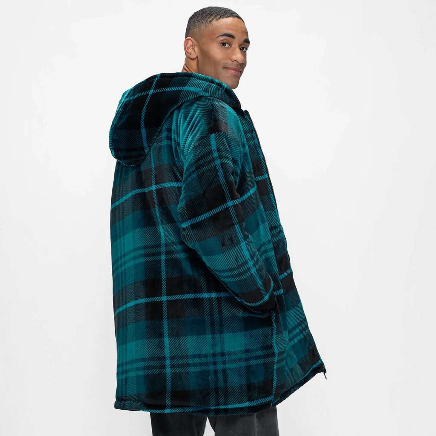 Black/Plaid Long Puffer Jacket