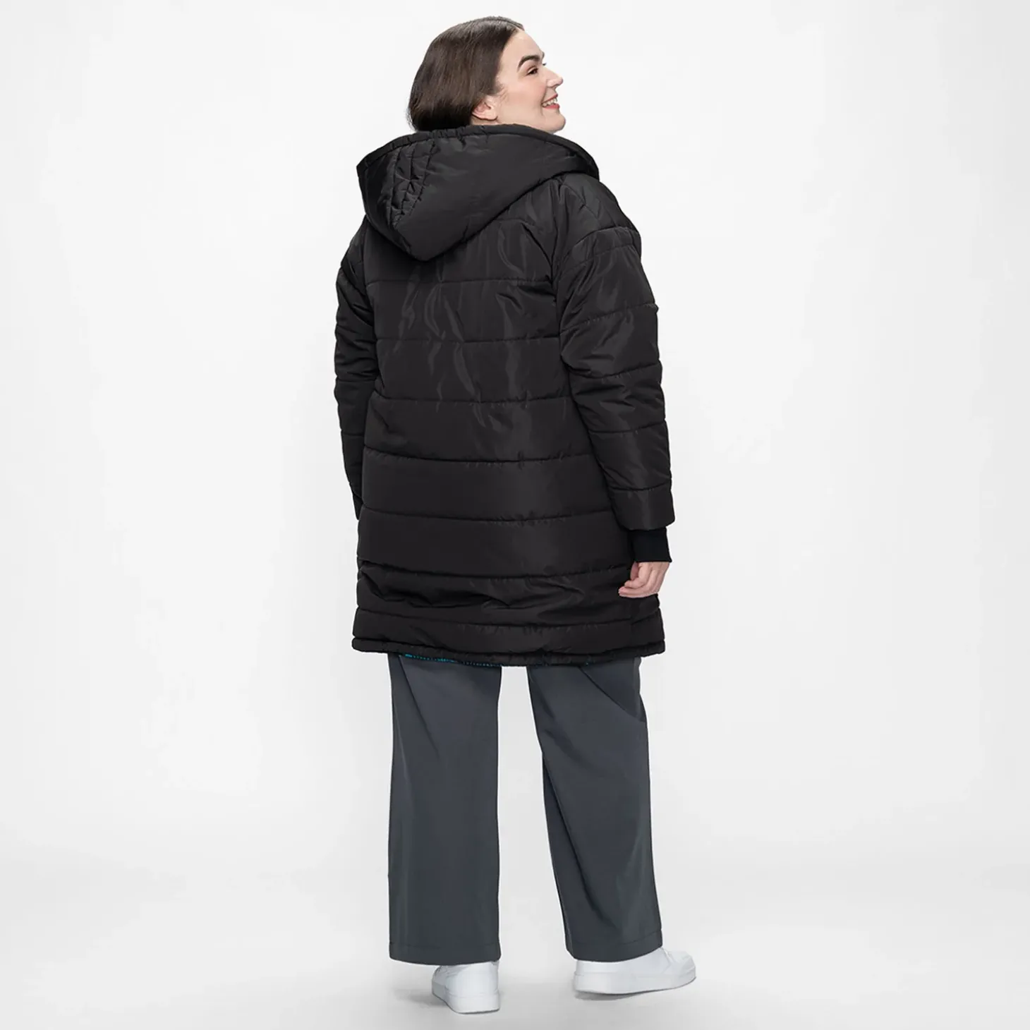 Black/Plaid Long Puffer Jacket
