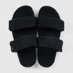 Black Two Strap Sherpa Slide Shoes