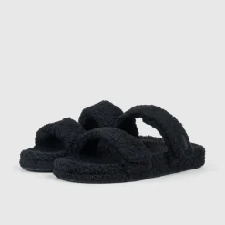 Black Two Strap Sherpa Slide Shoes