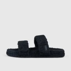 Black Two Strap Sherpa Slide Shoes