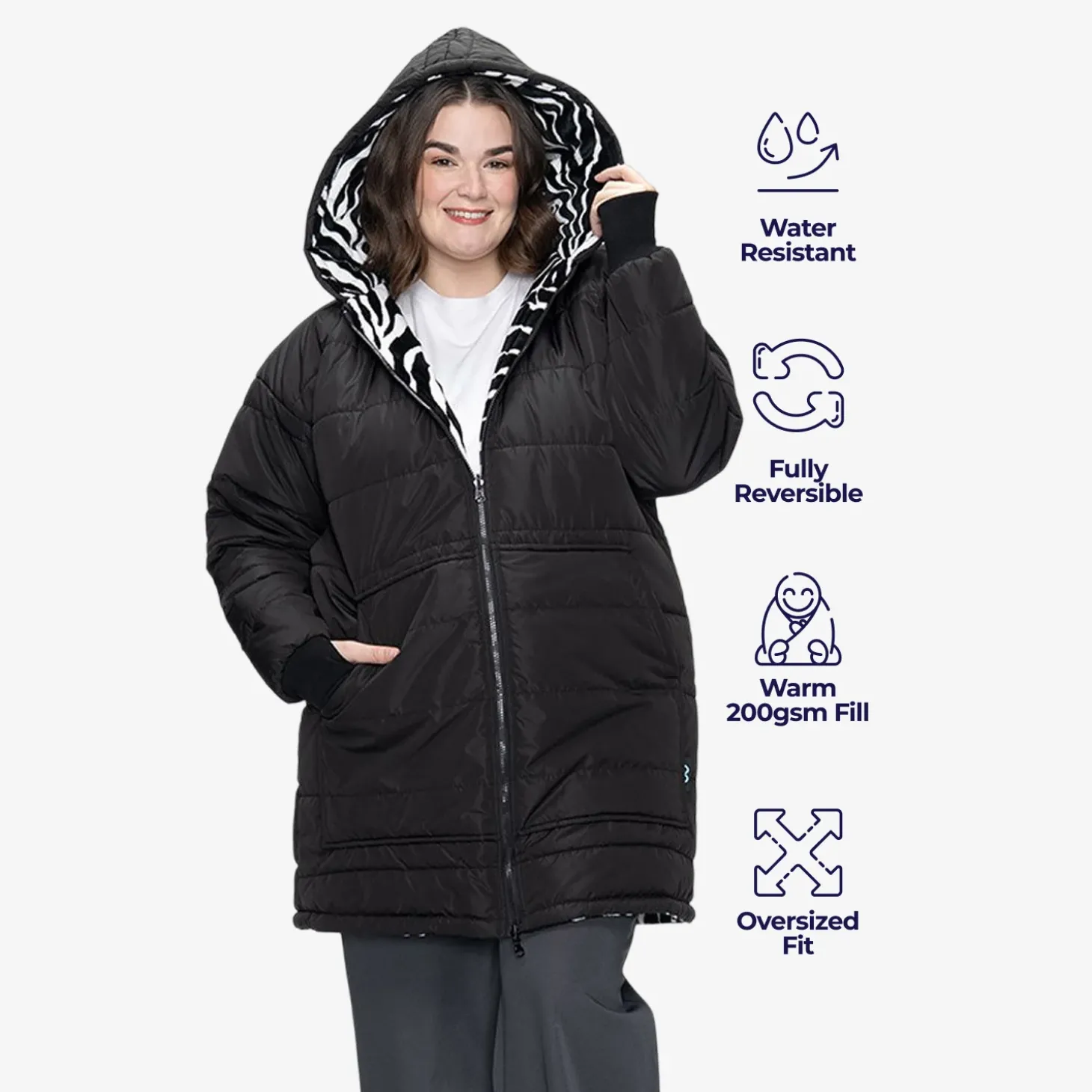 Black/Zebra Long Puffer Jacket