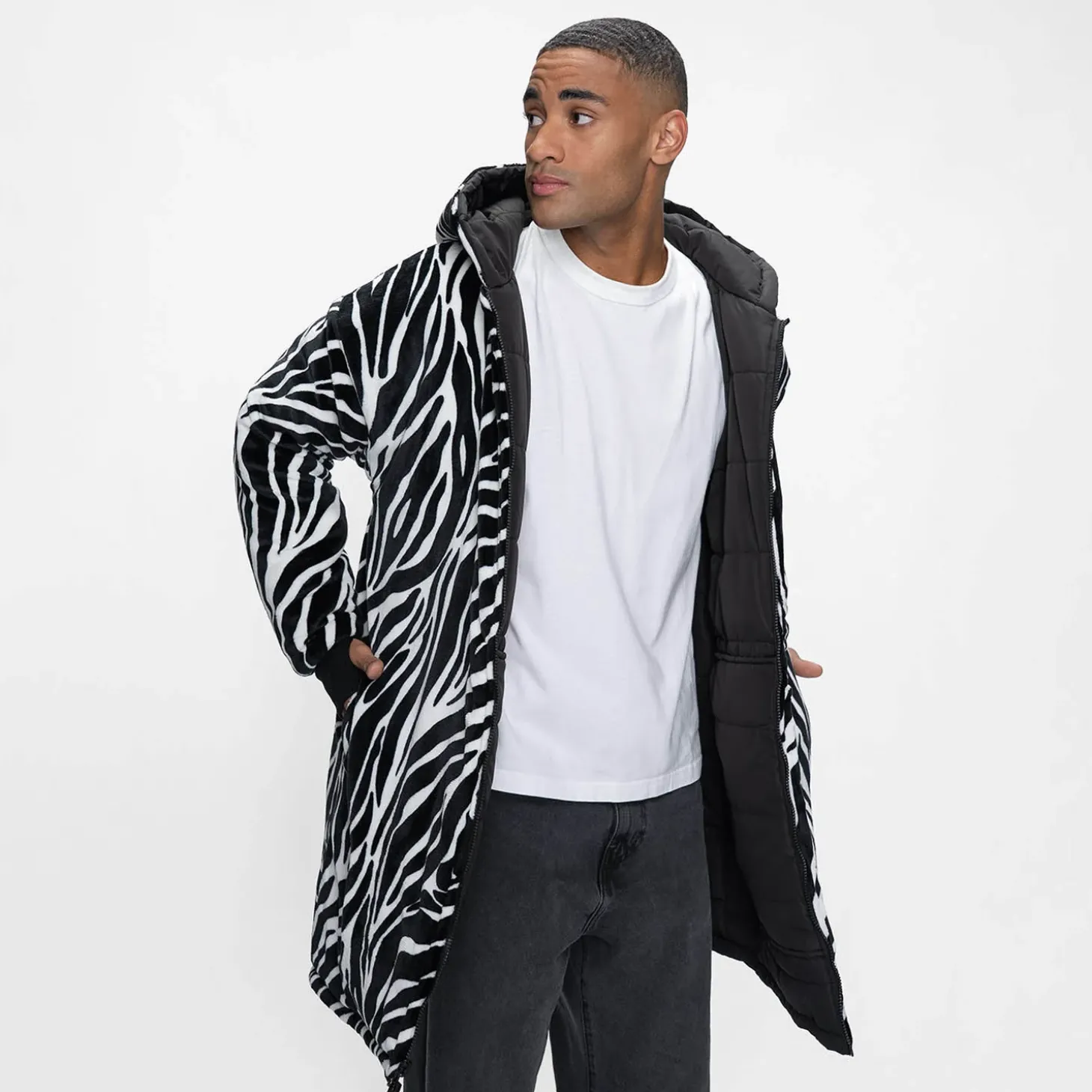 Black/Zebra Long Puffer Jacket