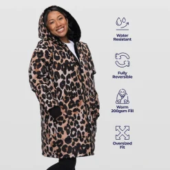 Leopard Print/Black Long Puffer Jacket