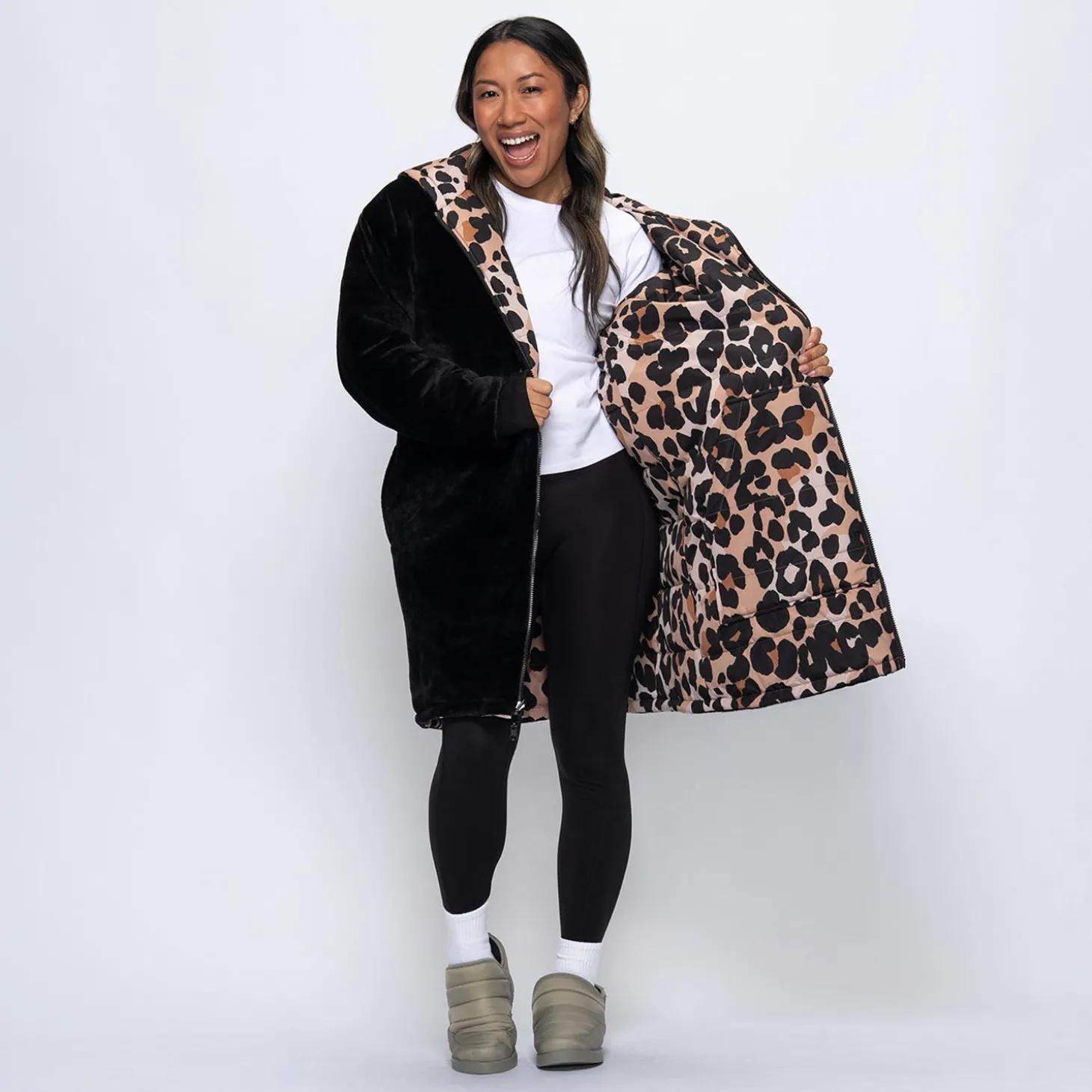 Leopard Print/Black Long Puffer Jacket