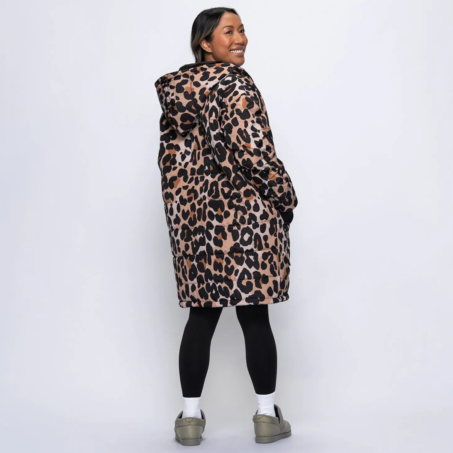 Leopard Print/Black Long Puffer Jacket