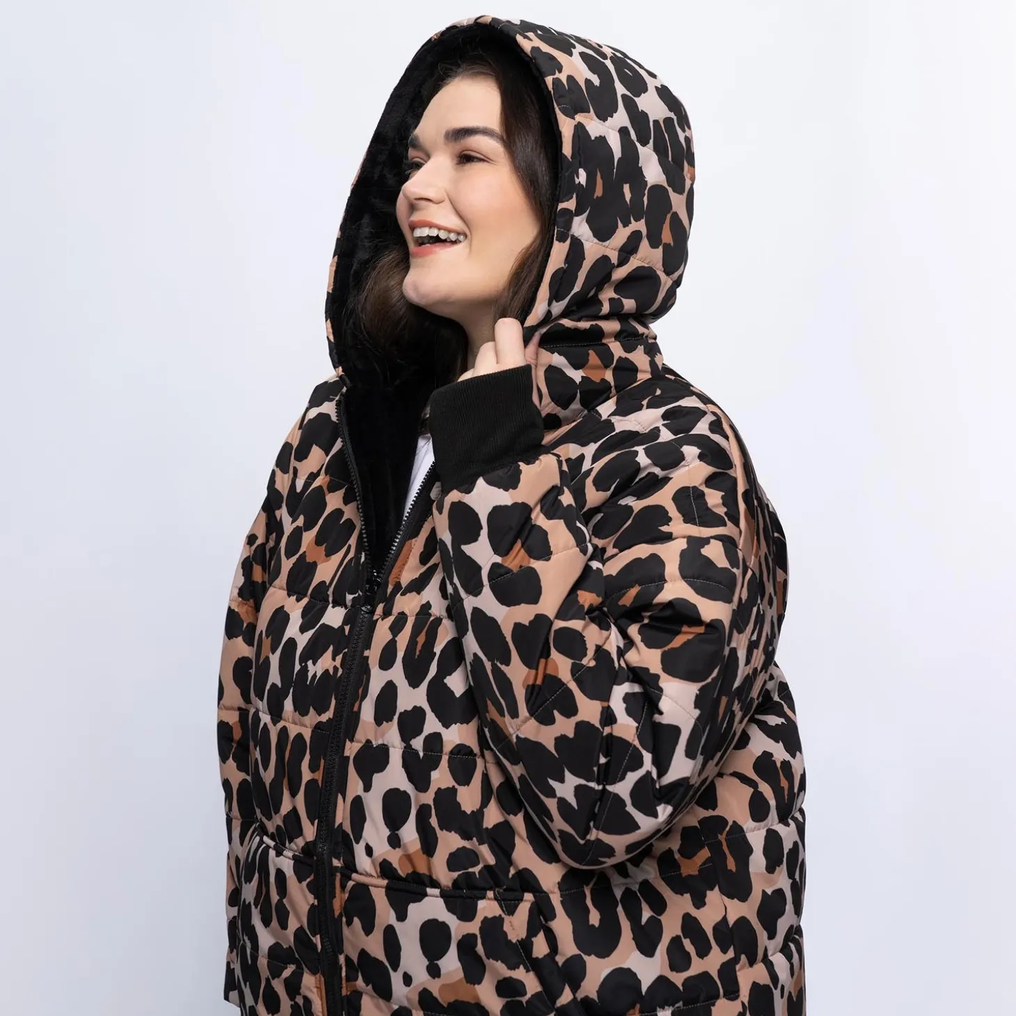 Leopard Print/Black Long Puffer Jacket