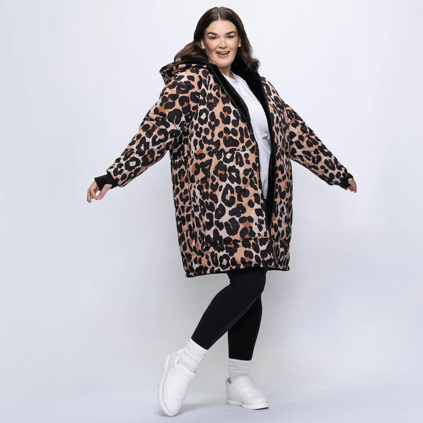 Leopard Print/Black Long Puffer Jacket